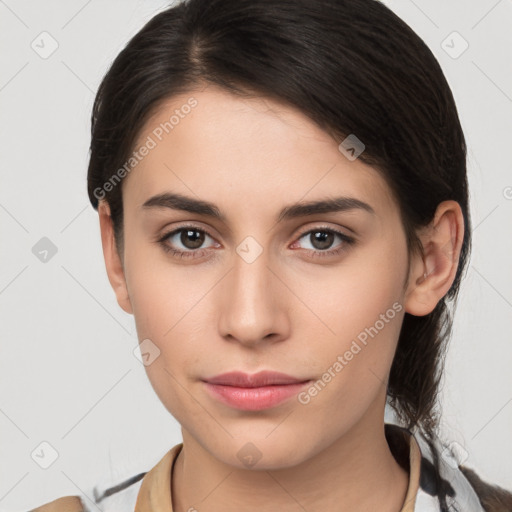 Neutral white young-adult female with medium  brown hair and brown eyes