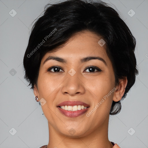 Joyful white young-adult female with medium  black hair and brown eyes