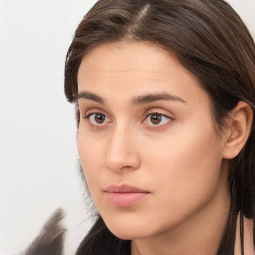 Neutral white young-adult female with long  brown hair and brown eyes