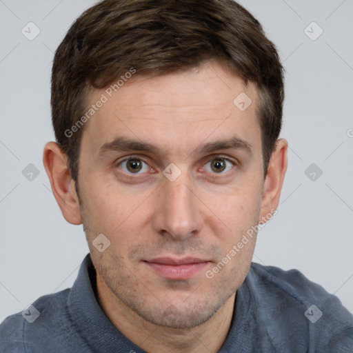 Neutral white young-adult male with short  brown hair and grey eyes