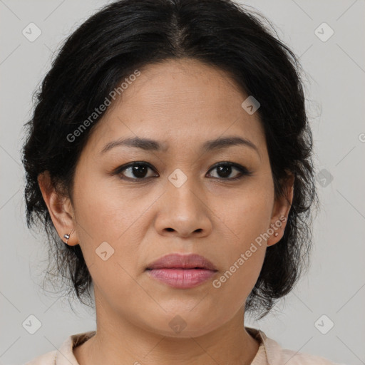 Joyful latino young-adult female with medium  brown hair and brown eyes