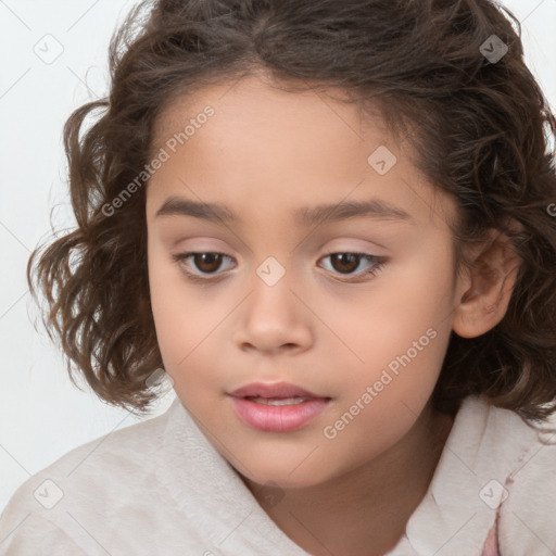 Joyful white child female with medium  brown hair and brown eyes