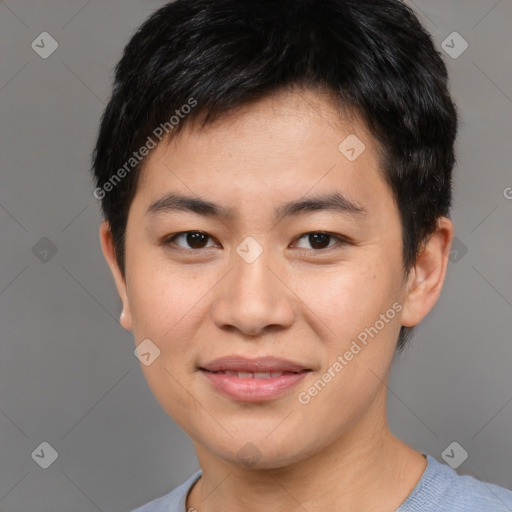 Joyful asian young-adult male with short  black hair and brown eyes