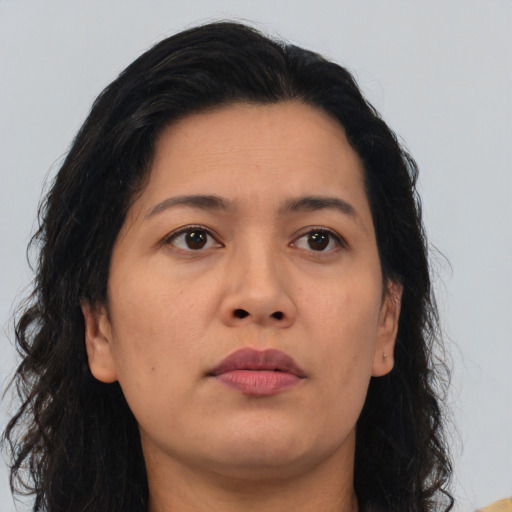 Neutral asian young-adult female with medium  brown hair and brown eyes