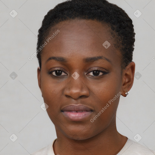 Neutral black young-adult female with short  brown hair and brown eyes