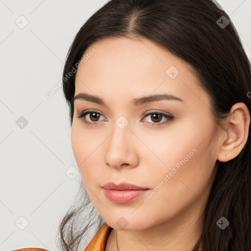 Neutral white young-adult female with long  brown hair and brown eyes