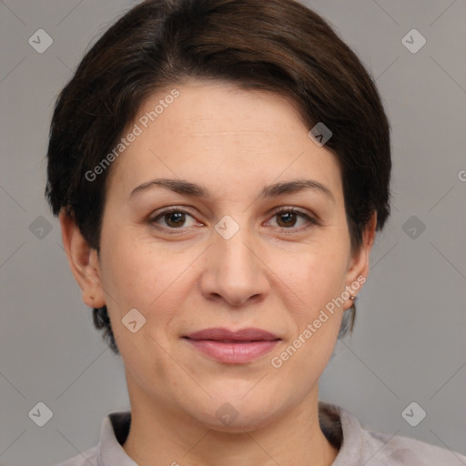 Joyful white adult female with medium  brown hair and brown eyes