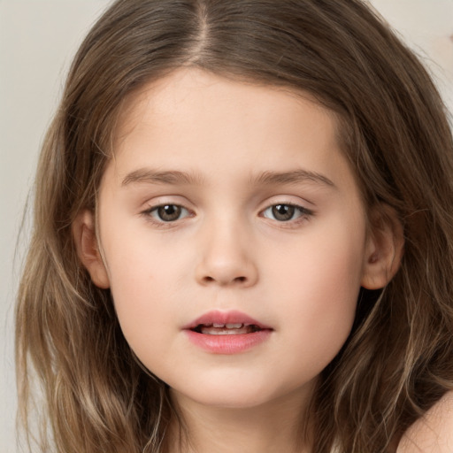 Neutral white child female with long  brown hair and brown eyes