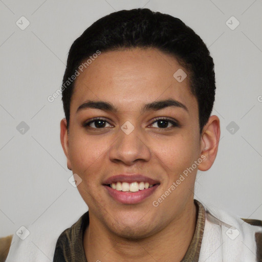 Joyful latino young-adult female with short  black hair and brown eyes