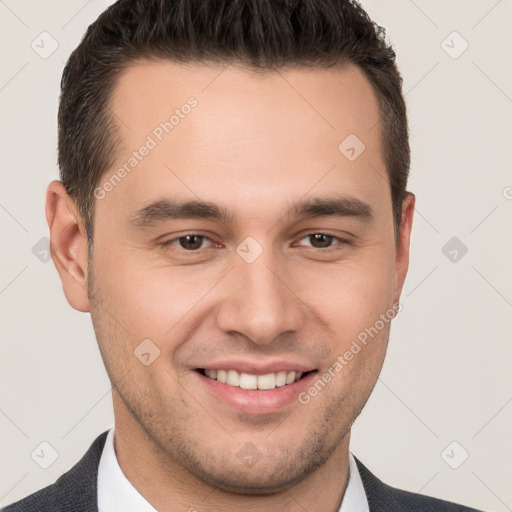 Joyful white young-adult male with short  brown hair and brown eyes