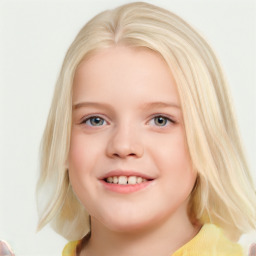 Joyful white child female with medium  brown hair and blue eyes