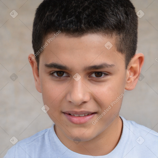 Joyful white child male with short  brown hair and brown eyes