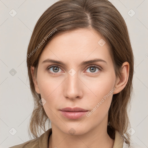 Neutral white young-adult female with medium  brown hair and grey eyes