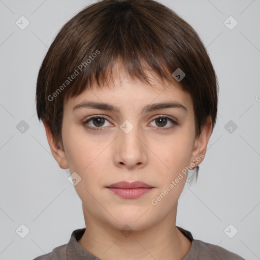 Neutral white young-adult female with short  brown hair and brown eyes