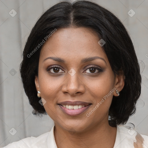 Joyful black young-adult female with medium  brown hair and brown eyes