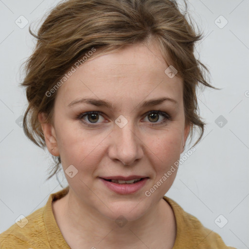 Joyful white young-adult female with medium  brown hair and blue eyes