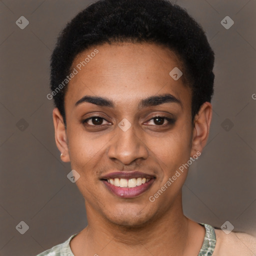 Joyful latino young-adult female with short  black hair and brown eyes