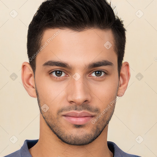 Neutral white young-adult male with short  brown hair and brown eyes