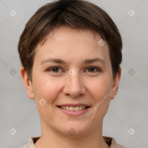 Joyful white young-adult female with short  brown hair and brown eyes