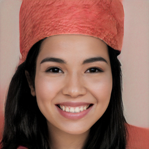 Joyful white young-adult female with long  black hair and brown eyes