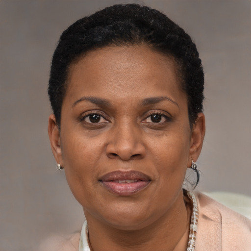 Joyful black adult female with short  brown hair and brown eyes