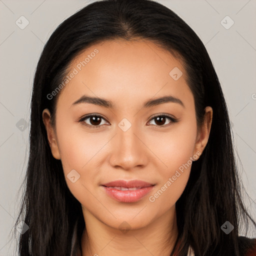 Joyful latino young-adult female with long  brown hair and brown eyes