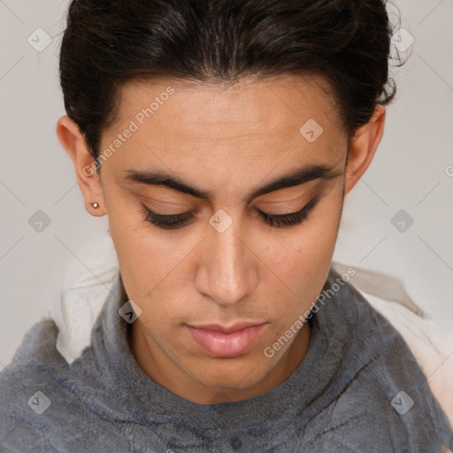 Neutral white young-adult female with short  brown hair and brown eyes