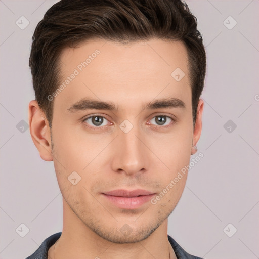 Neutral white young-adult male with short  brown hair and brown eyes