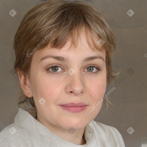 Neutral white young-adult female with medium  brown hair and grey eyes