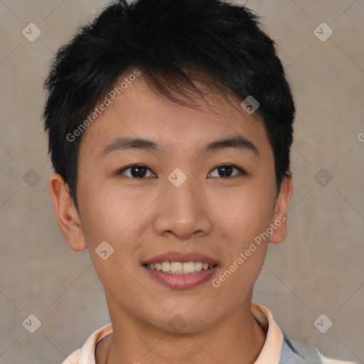 Joyful asian young-adult male with short  brown hair and brown eyes