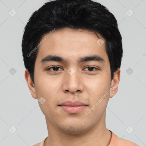 Neutral asian young-adult male with short  black hair and brown eyes