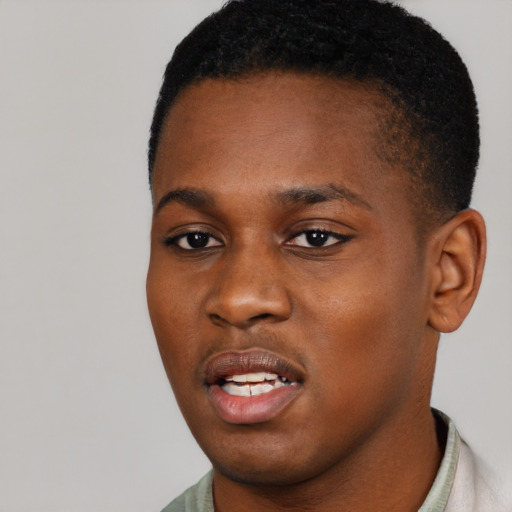 Joyful black young-adult male with short  brown hair and brown eyes