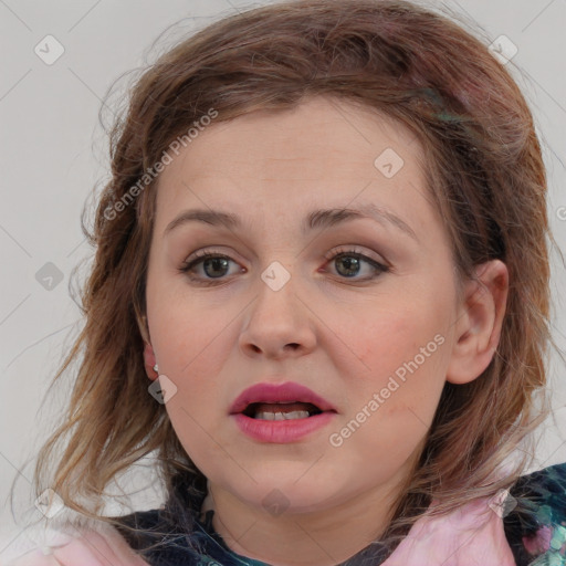 Joyful white young-adult female with medium  brown hair and blue eyes