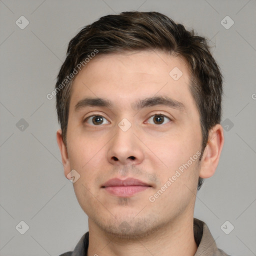 Neutral white young-adult male with short  brown hair and brown eyes