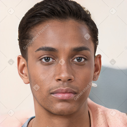 Neutral white young-adult male with short  brown hair and brown eyes