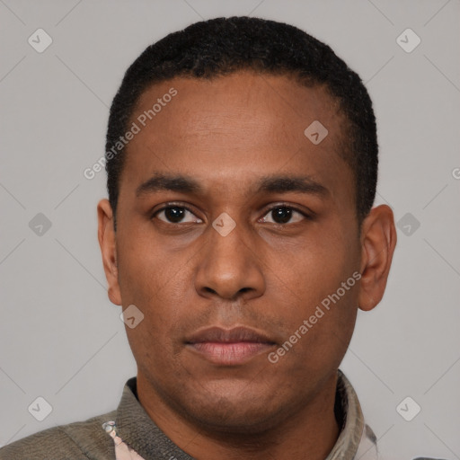 Neutral latino young-adult male with short  black hair and brown eyes