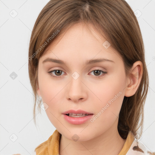 Neutral white young-adult female with medium  brown hair and brown eyes