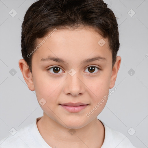 Joyful white child female with short  brown hair and brown eyes