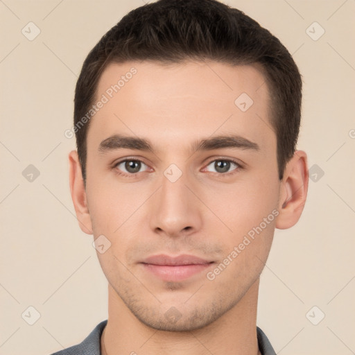 Neutral white young-adult male with short  brown hair and brown eyes