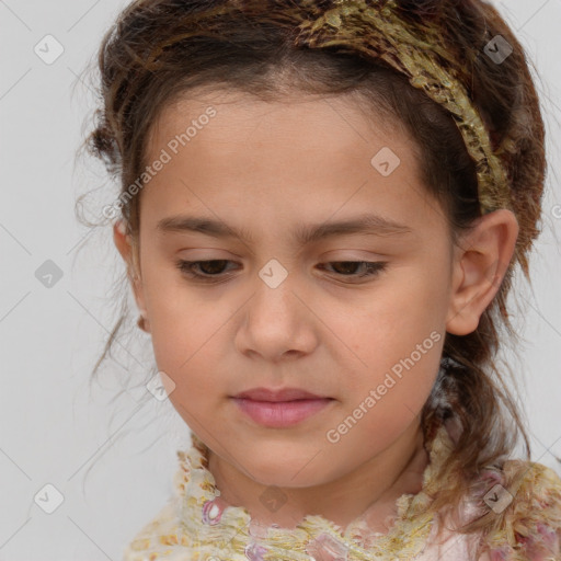 Joyful white child female with medium  brown hair and brown eyes