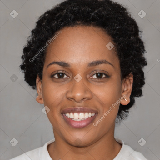 Joyful latino young-adult female with short  black hair and brown eyes