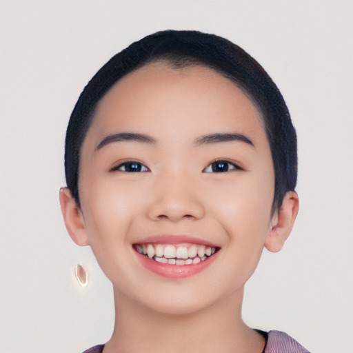 Joyful white young-adult female with short  black hair and brown eyes