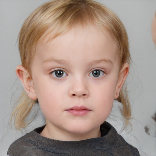 Neutral white child female with medium  brown hair and blue eyes