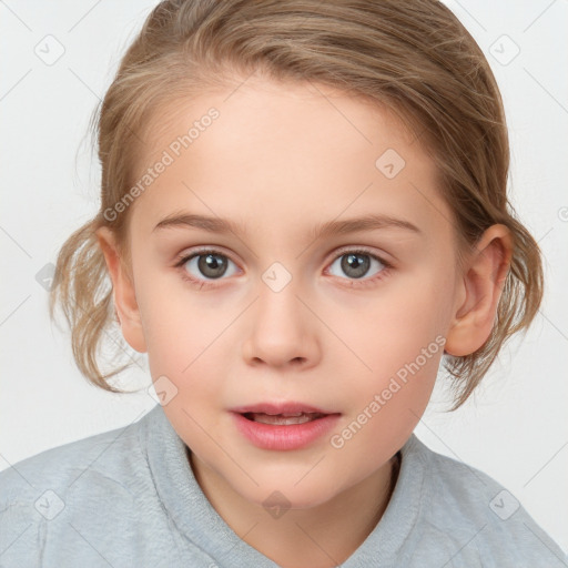 Joyful white child female with medium  brown hair and blue eyes