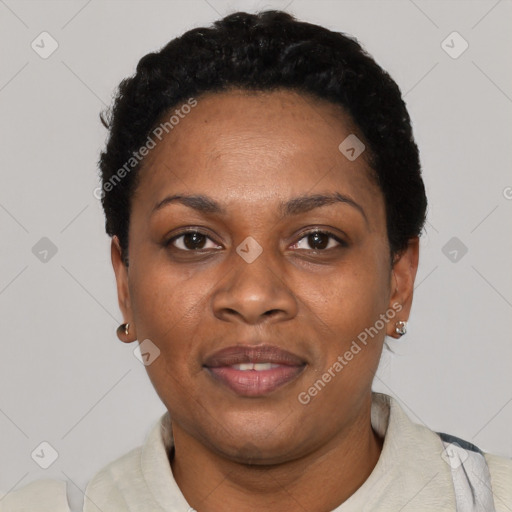 Joyful black adult female with short  black hair and brown eyes