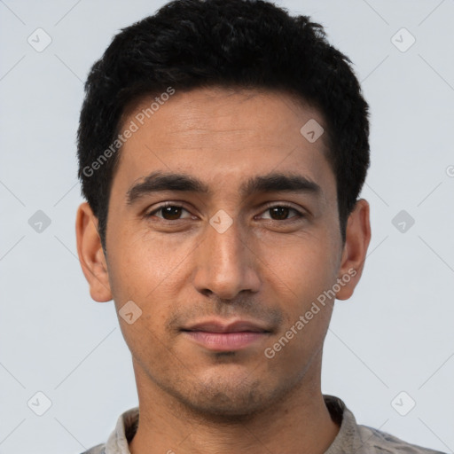 Neutral latino young-adult male with short  black hair and brown eyes