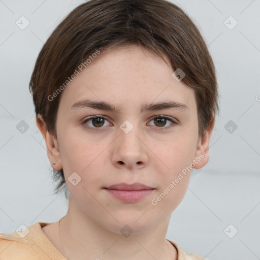 Neutral white young-adult female with short  brown hair and brown eyes