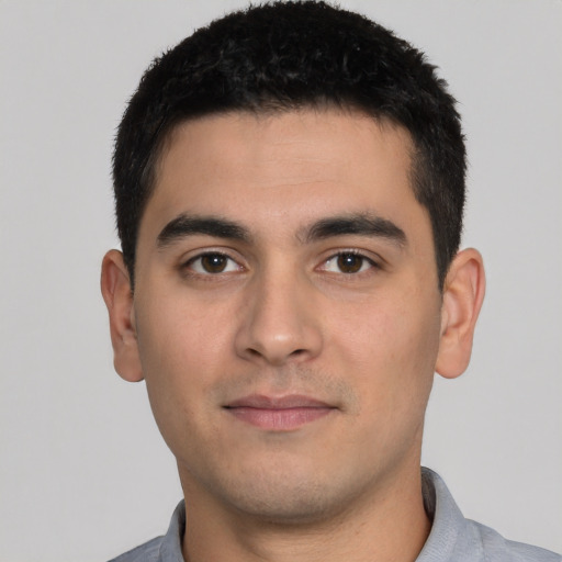 Neutral white young-adult male with short  black hair and brown eyes