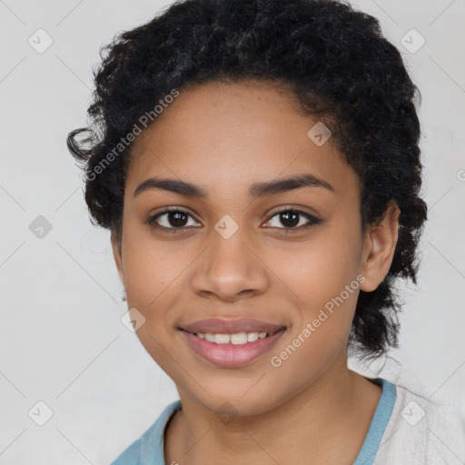 Joyful latino young-adult female with short  black hair and brown eyes