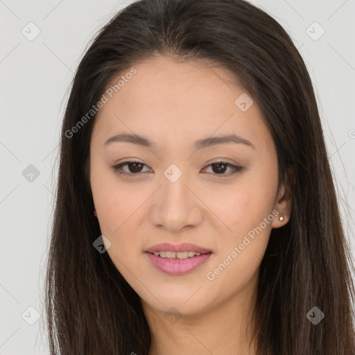 Joyful asian young-adult female with long  brown hair and brown eyes